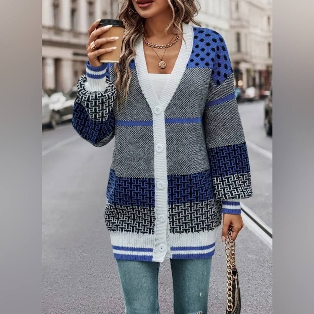 Color Block Geo Print Knit Cardigan Long Sleeve Button Front. Size: Various - Picture 3 of 7